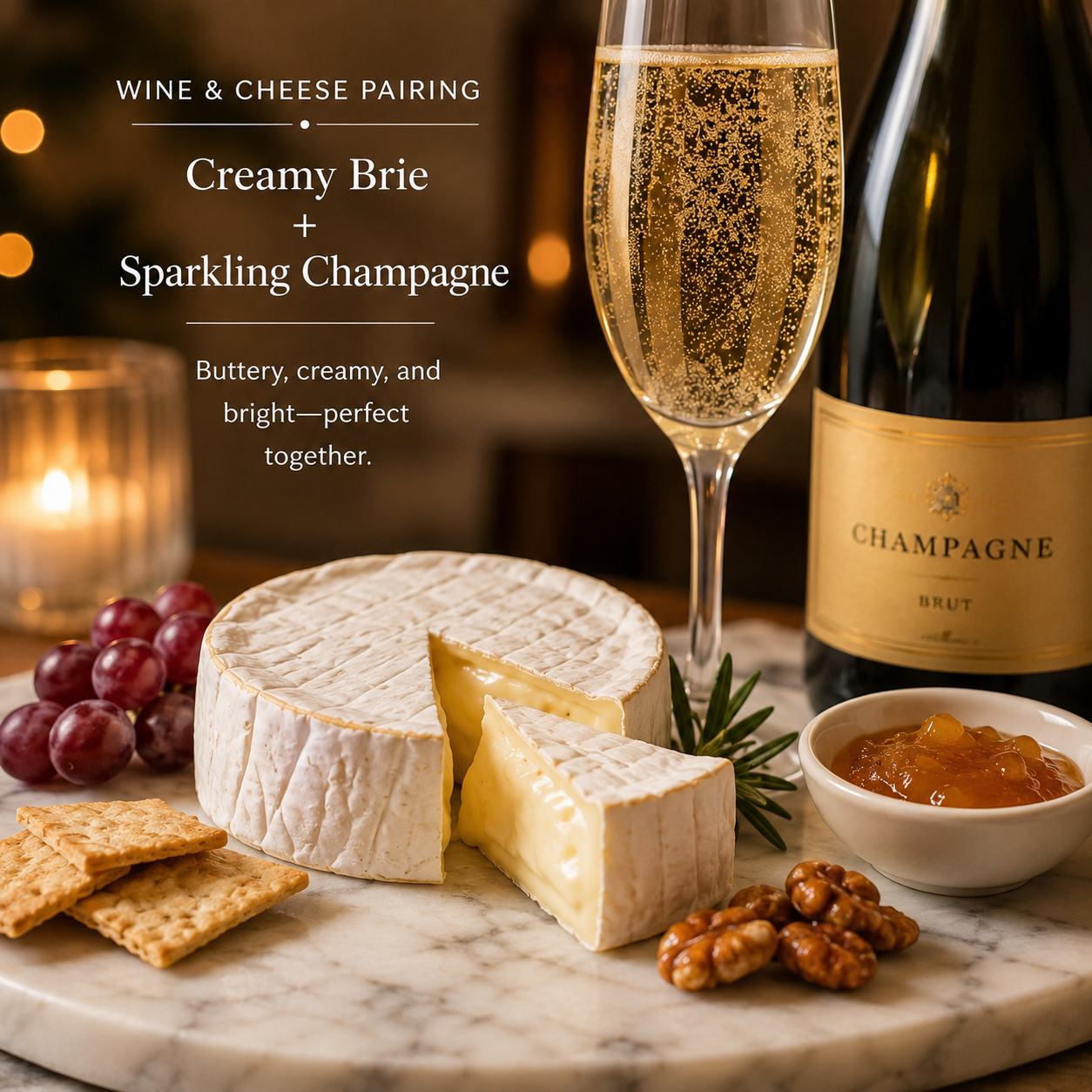 Wine and cheese pairing with creamy Brie and sparkling Champagne on marble board