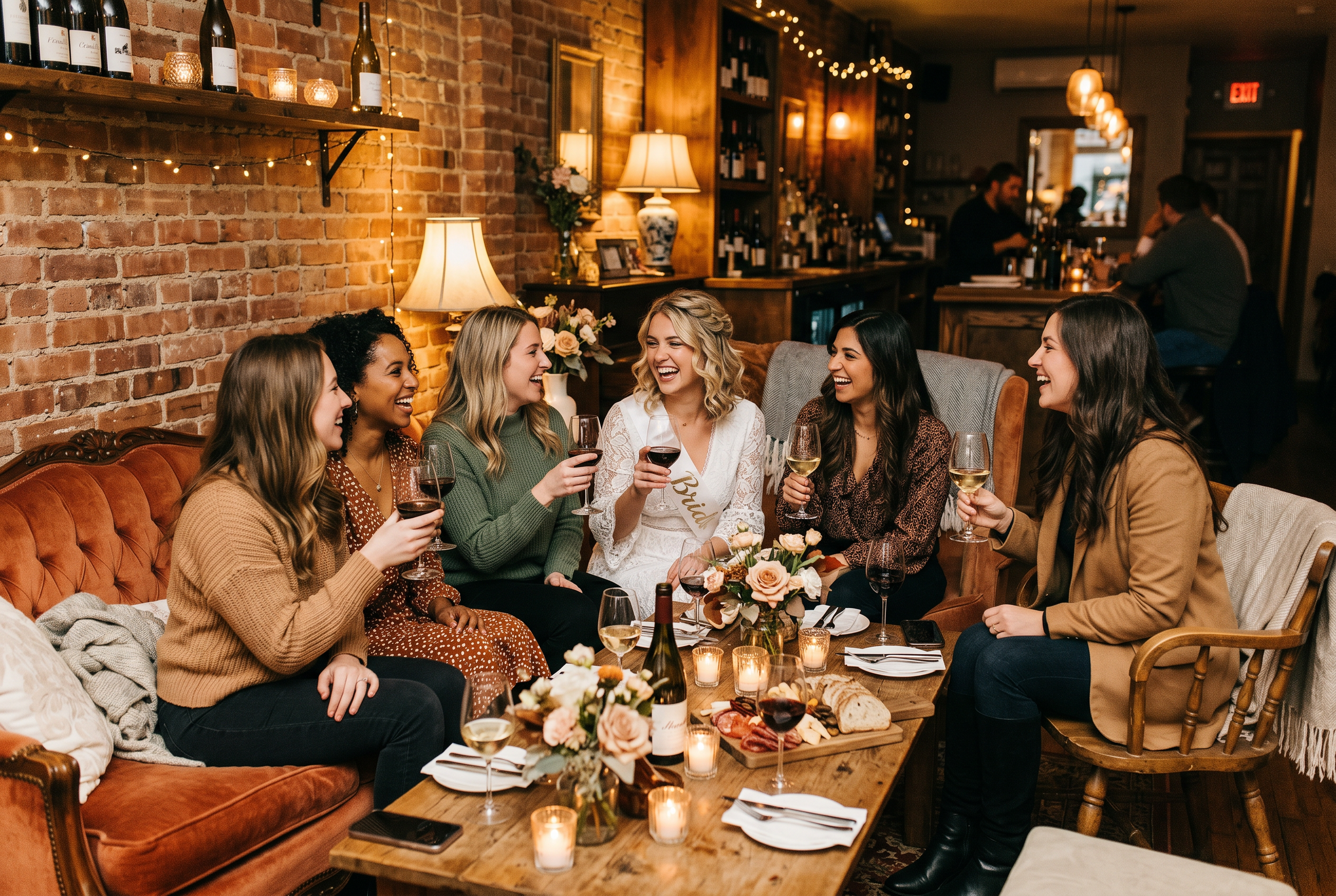 Small group of women at intimate bridal shower wine bar with cozy seating