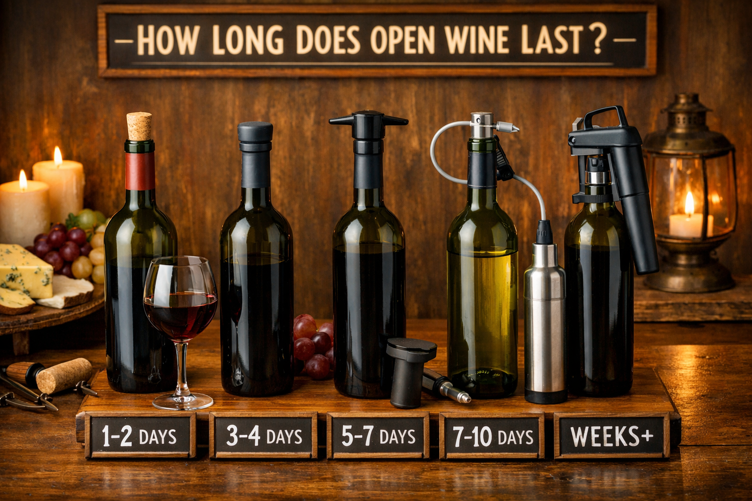 Multiple open wine bottles with different stoppers and preservation tools demonstrating how long does open wine last