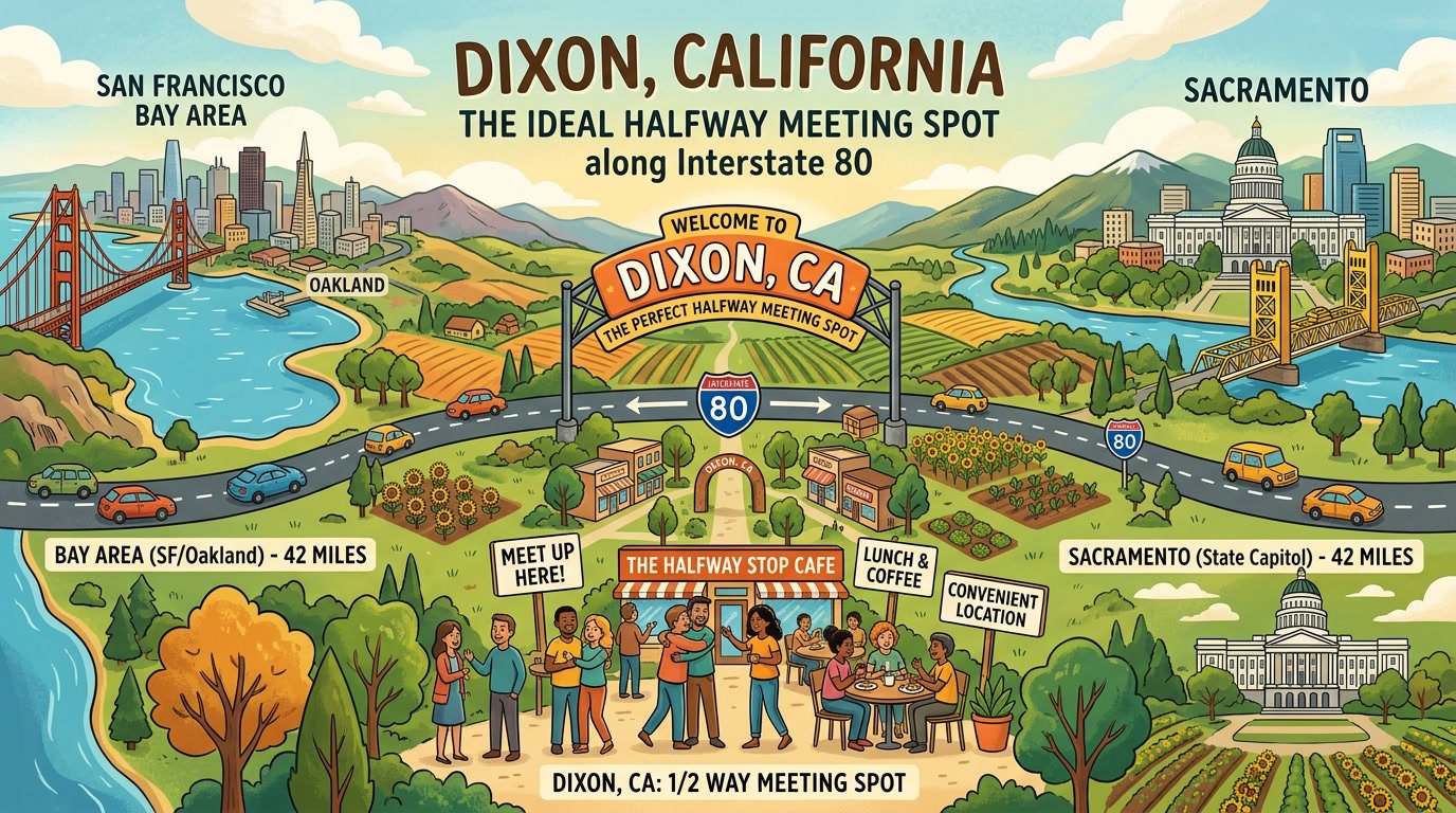 Dixon California halfway meeting spot location along Interstate 80 between Sacramento and Bay Area