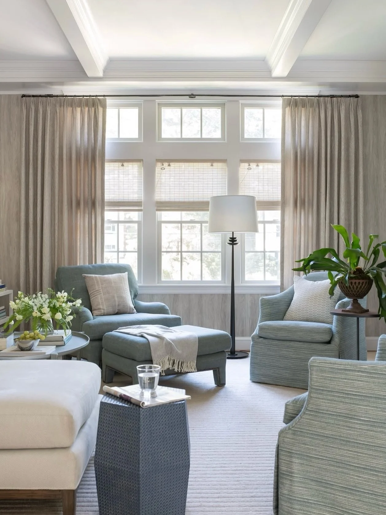 Six pillows, three patterns, multiple colorways &mdash; all finding their place in @sarahscalesdesign&rsquo;s Hingham project. This is the kind of layering we design for: texture and subtle pattern doing the quiet work in a room that feels completely