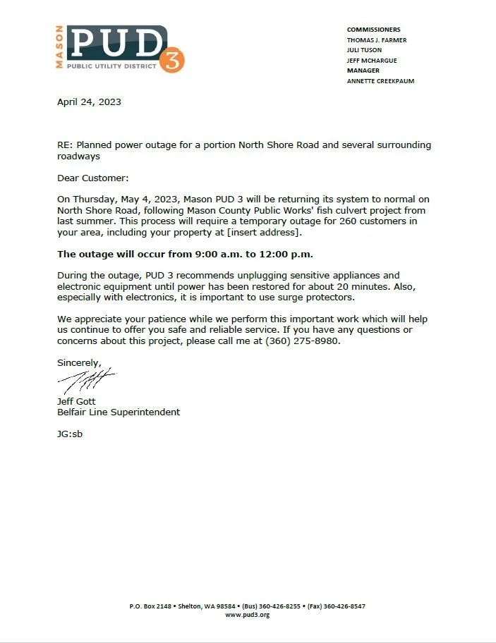 Planned Outage - North Shore Road