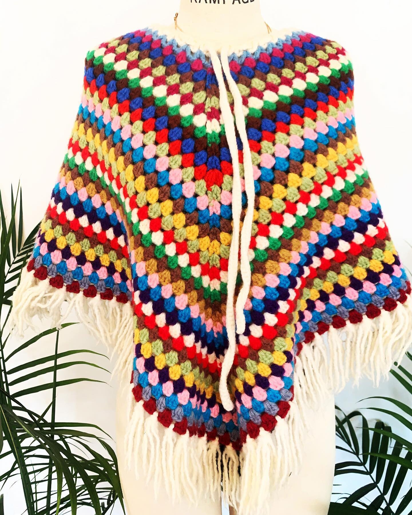 This rainbow 🌈 knit poncho is up-for grabs✨ 1970s handknit, one size $59 +free shipping
