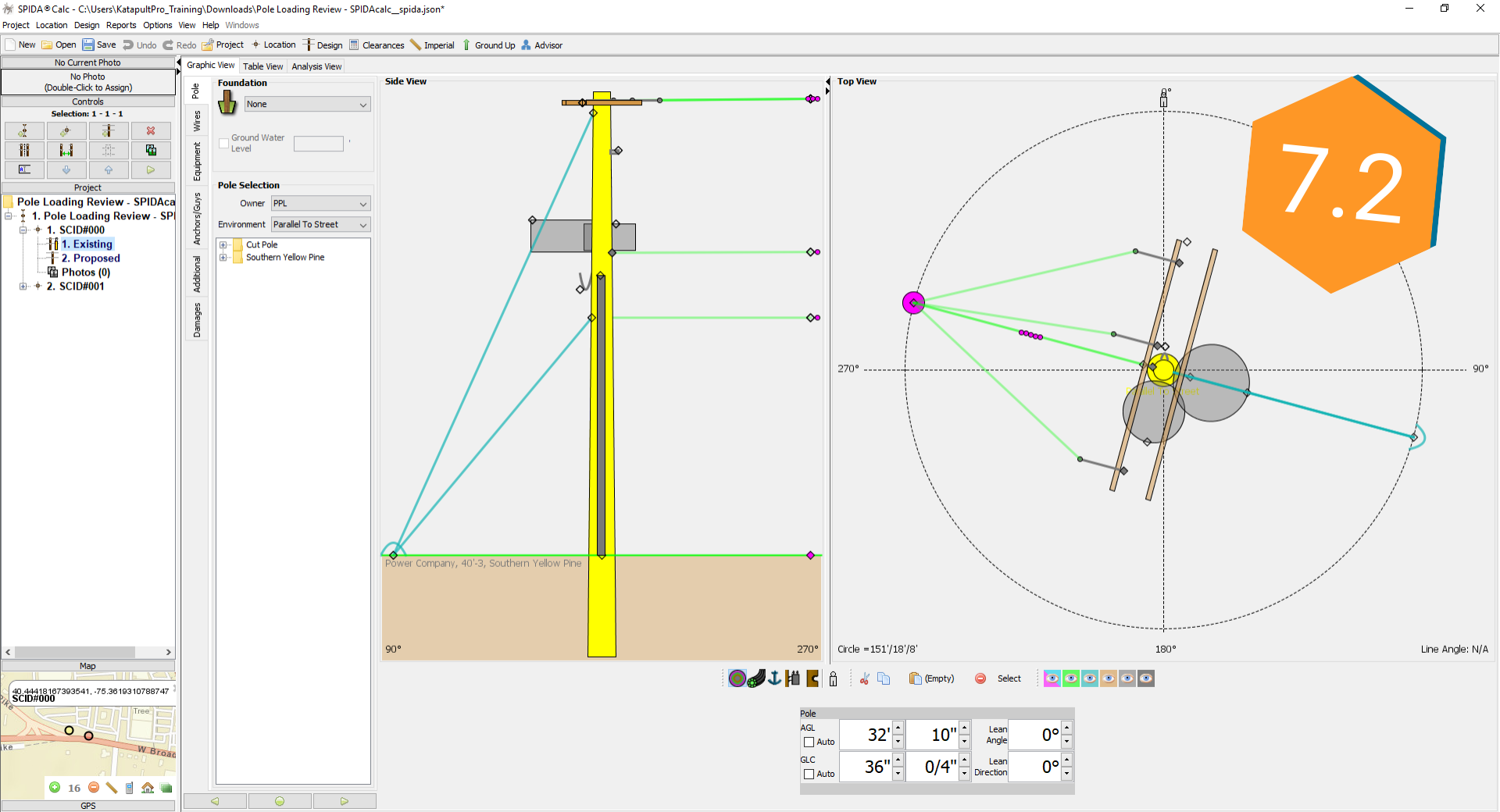 user interface of pole loading software SPIDAcalc. The review gave it a 7.2