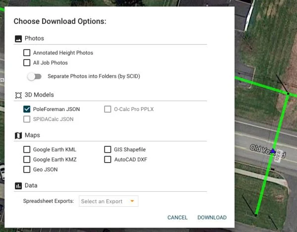 user interface for exporting into pole loading software from KatapultPro
