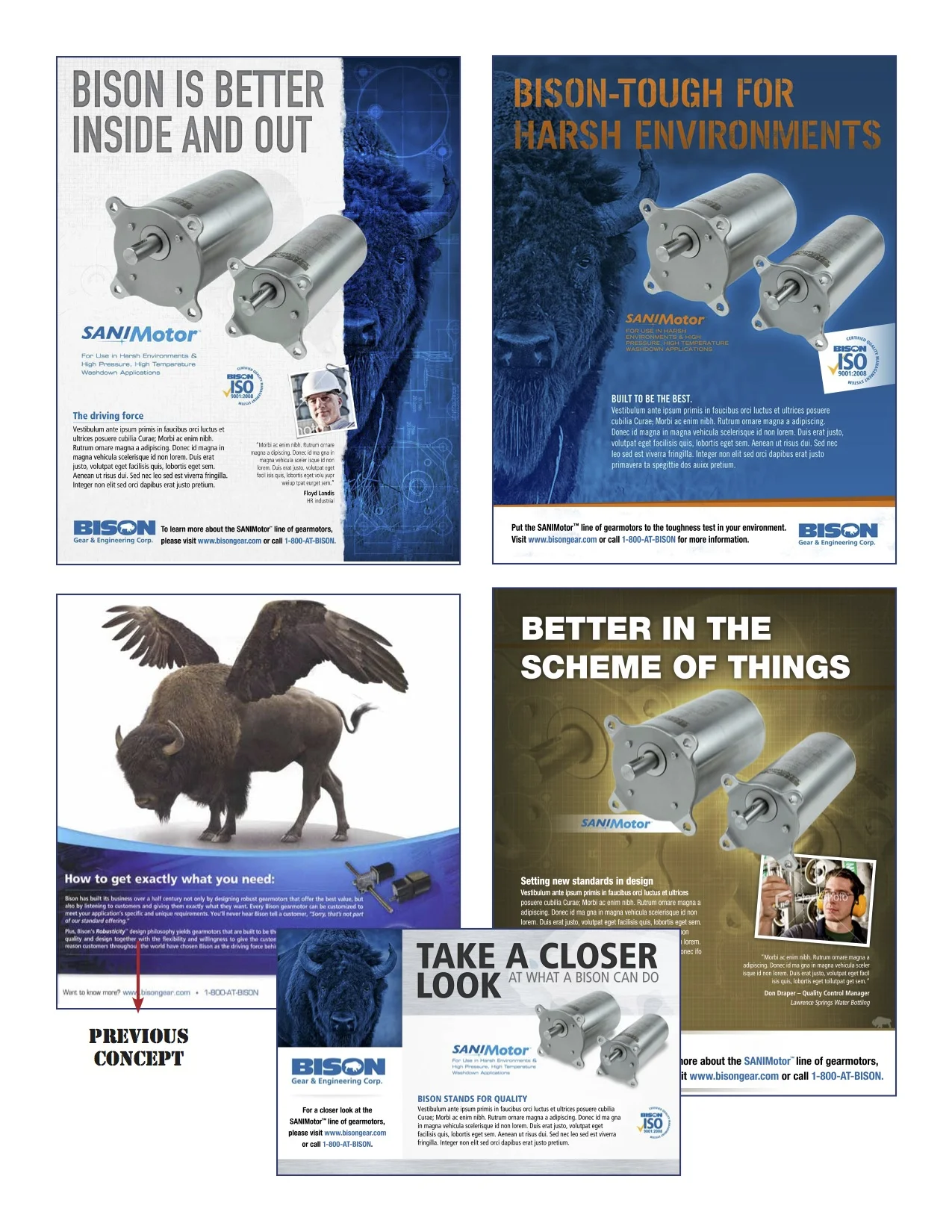 The Bison Gear brand was being portrayed in symbolic terms, but product managers were screaming to have their wares displayed. Working collaboratively with a designer, Chris created a richly conveyed brand support motif while bringing the actual pro