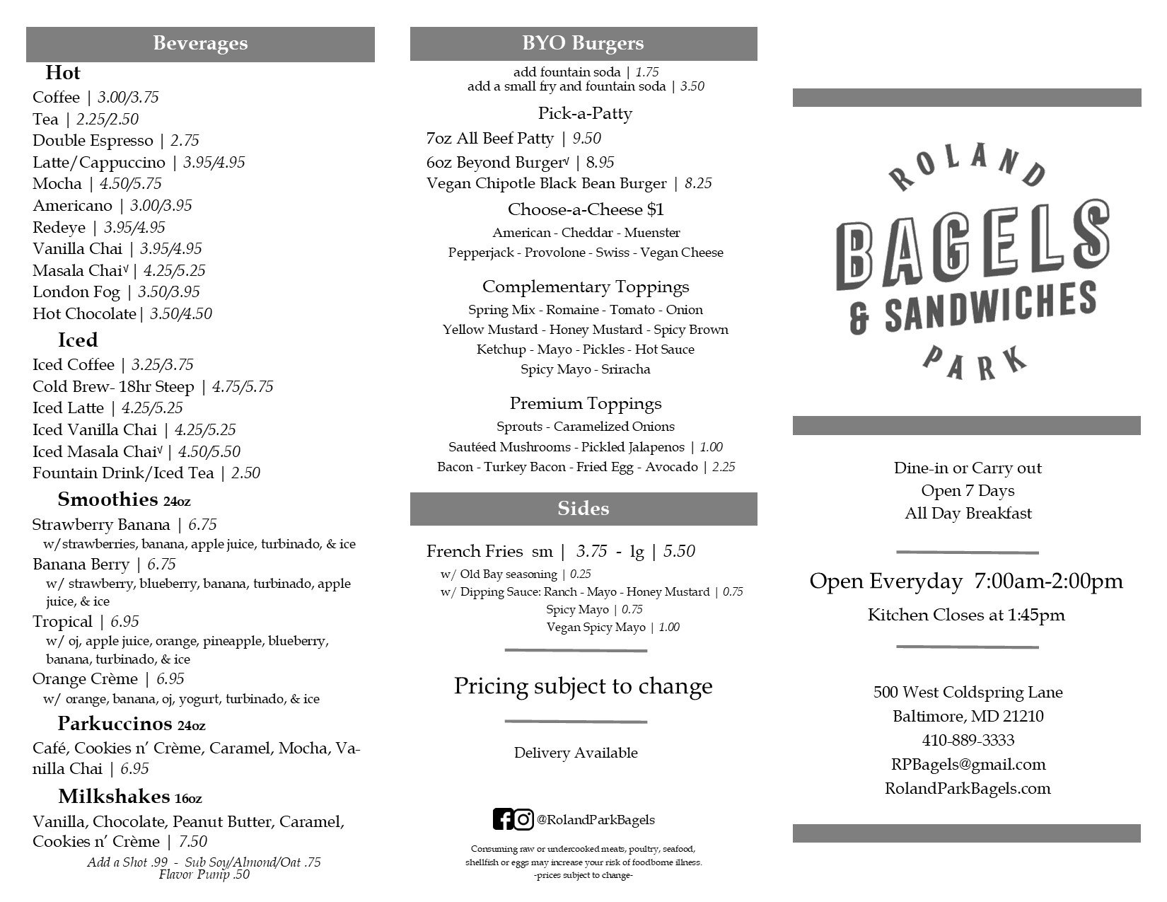 Menu — Roland Park Bagels