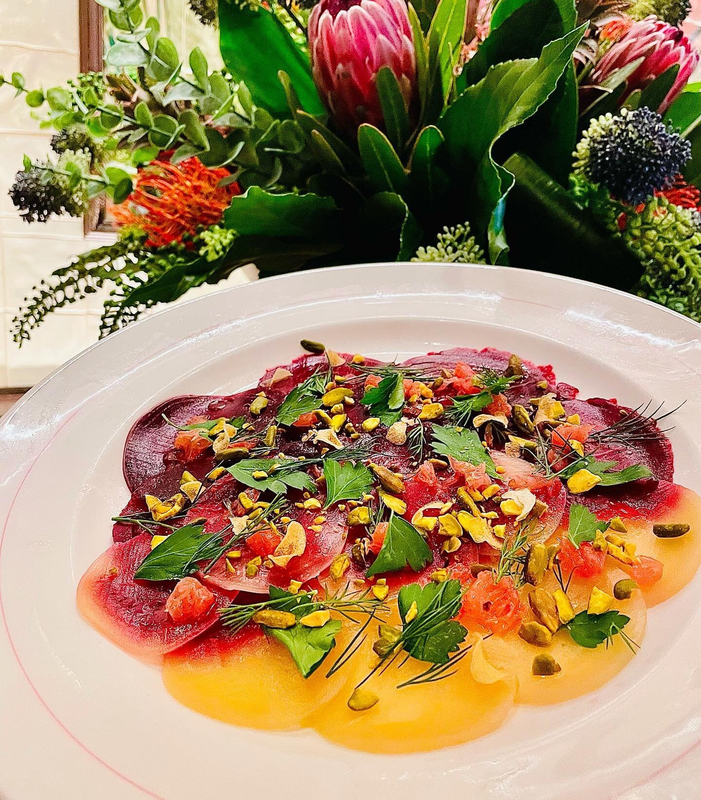 Oh so pretty and yummy beet carpaccio with fresh herbs, roasted pistachios and garlic chips!  Why should you chow down in some beets ASAP?  1. Fiber
2. Vitamin C:
3. Folate
4.  Vitamin B6
5.  Magnesium
6. Potassium
7. Phosphorous
8. Manganese
9. Iron