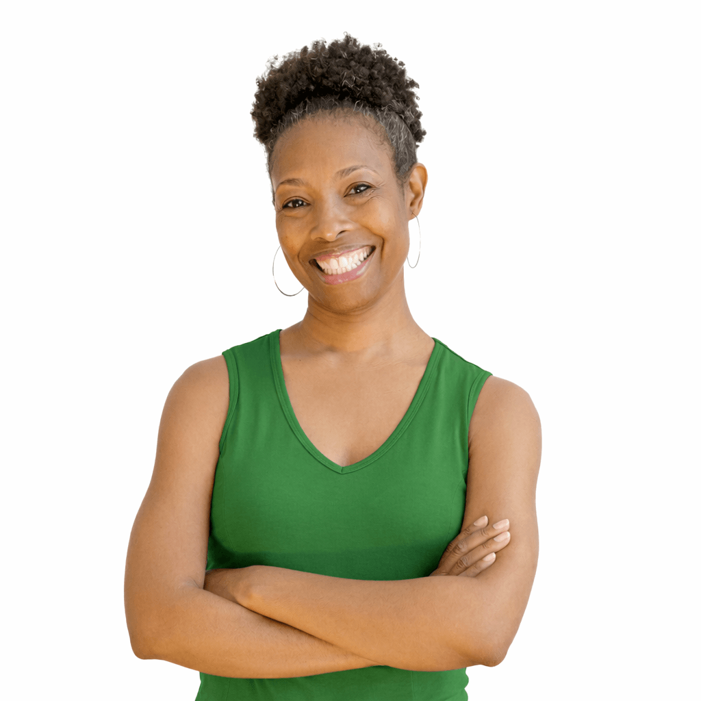 smiling woman in green tank top