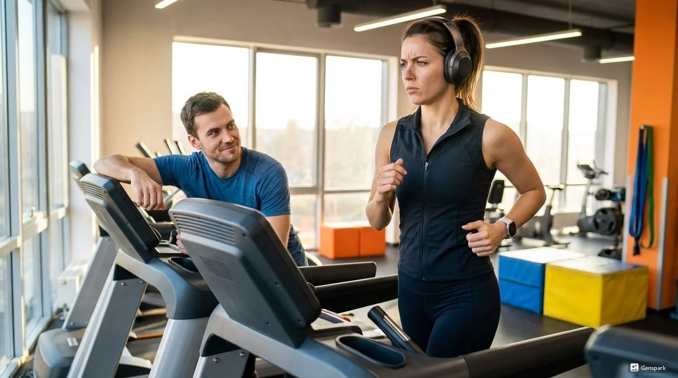 Woman running on treadmill with personal trainer at boutique fitness studio - private gym training session