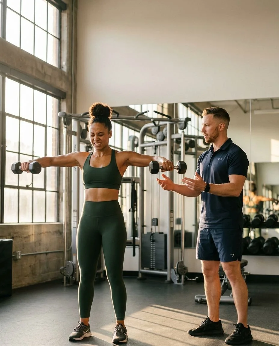 Woman doing dumbbell shoulder raises next to her trainer in a bright San Francisco gym