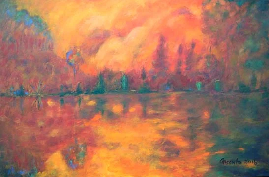 Warm Morning, a Frank Argento landscape of a lake glowing in orange and red autumn light
