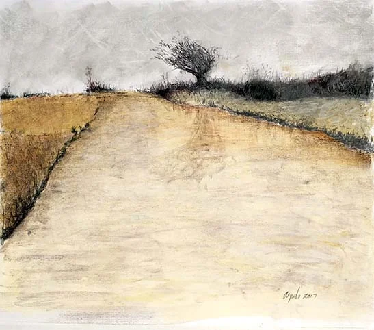 Outskirts, a Frank Argento landscape of an ochre country road and a lone tree at the edge of town