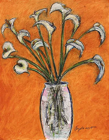 Calla Lilies, a Frank Argento pastel of white calla lilies in a vase on an orange ground