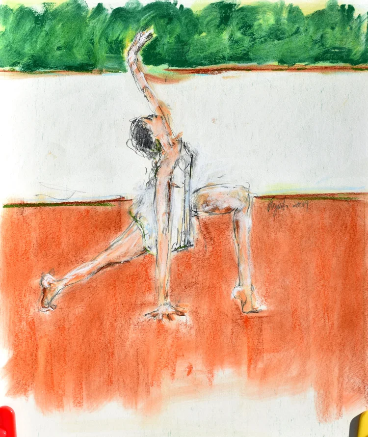 Dancer Stretching, a Frank Argento pastel of a dancer in a deep lunge with one arm raised, on a rust-orange floor below a band of green trees