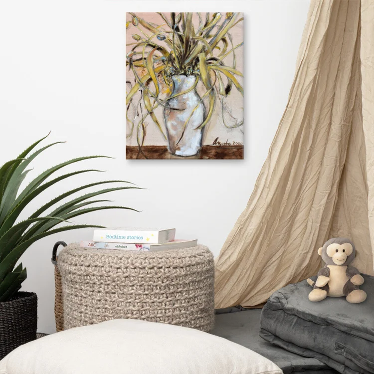 Canvas print of Frank Argento’s Dry Bouquet, dried stems in a white vase, hung in a sunlit room