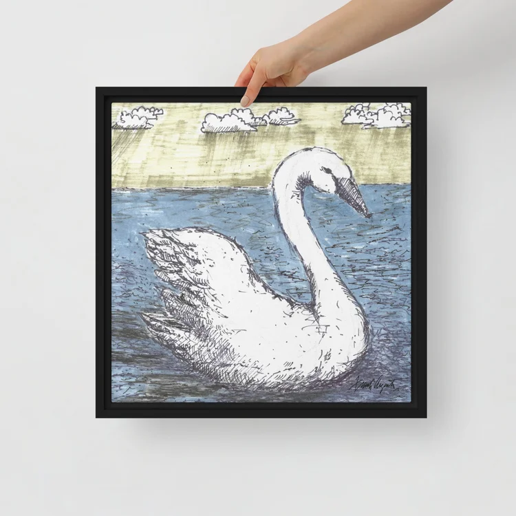 Frank Argento Farm Series print of a white swan on blue water, shown as a black-framed canvas