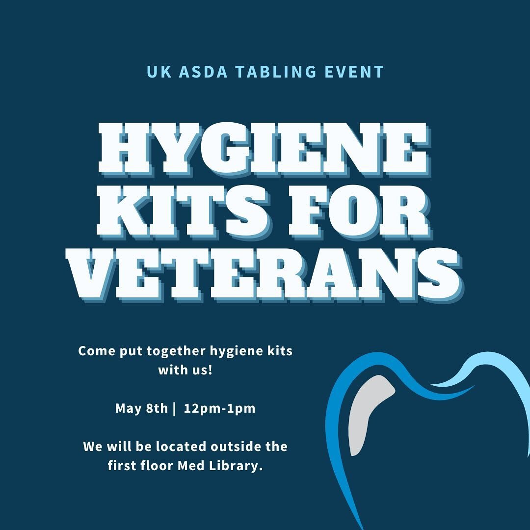 Philantrophy Event on Wednesday, May 8th! 🦷🪥

Next week we will be putting together hygiene kits for Veterans in the Lexington area. We will be writing thank you notes to hand out as well! 

Please stop by to make a bag &amp; help us give back to o