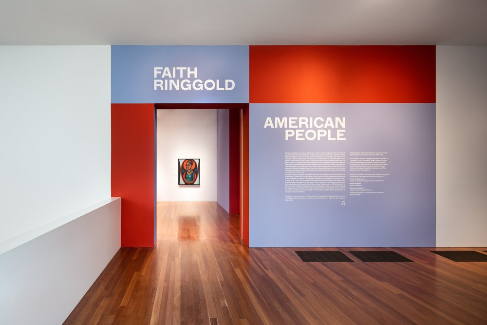 Installation view of Faith Ringgold: American People, de Young museum, San Francisco, 2022. Photograph by Gary Sexton. Image courtesy of the Fine Arts Museums of San Francisco