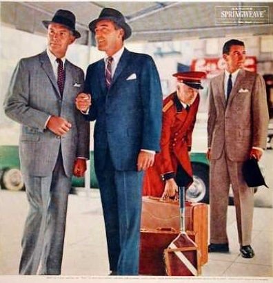 1957 Palm Beach Men's Suits original vintage advertisement. With exclusive new Springweave, light yet full bodied for year round comfort. Springweave suits are priced at $53.50.