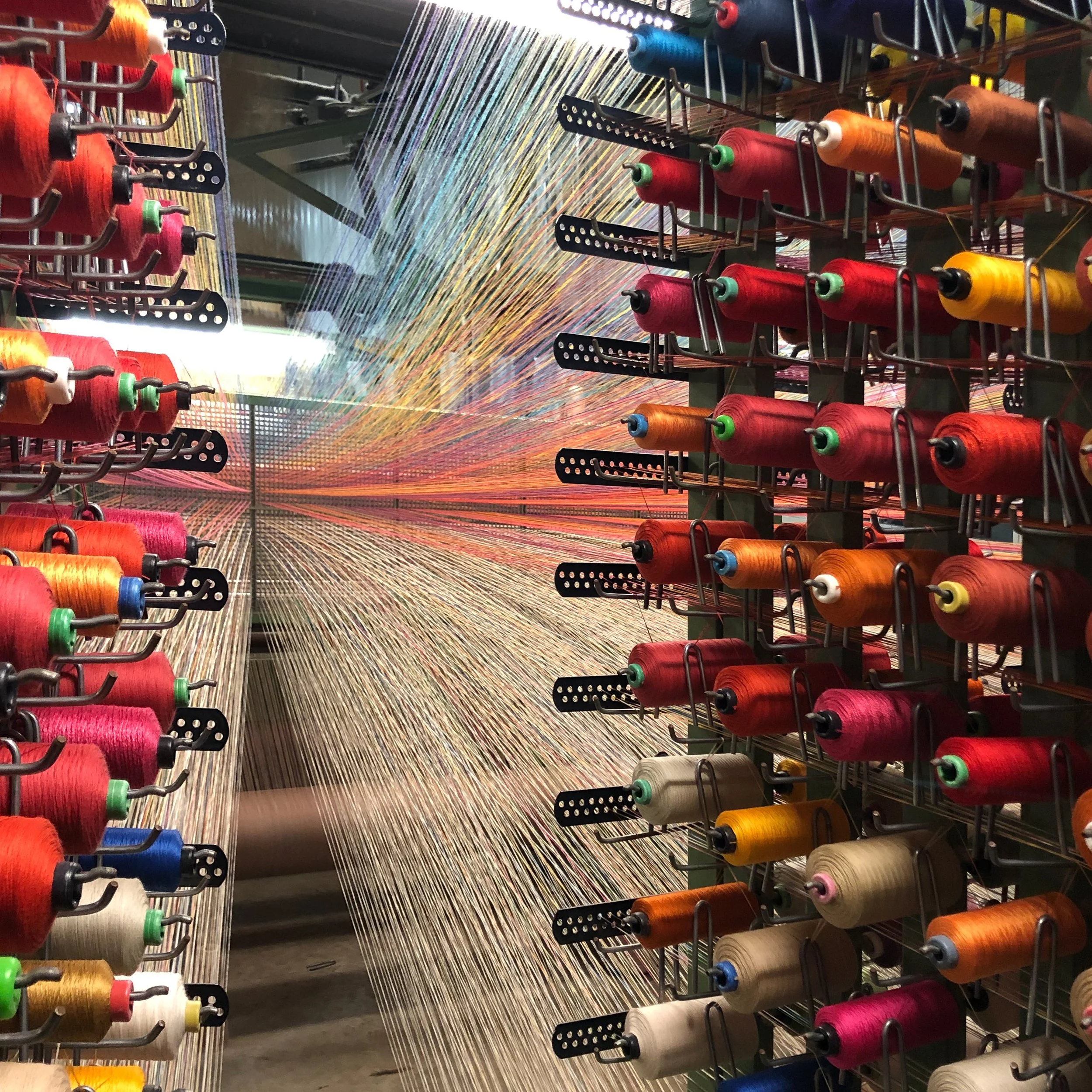 Yarn cones set up on the creel set up behind a wire loom. Each yarn passes through the loom individually
