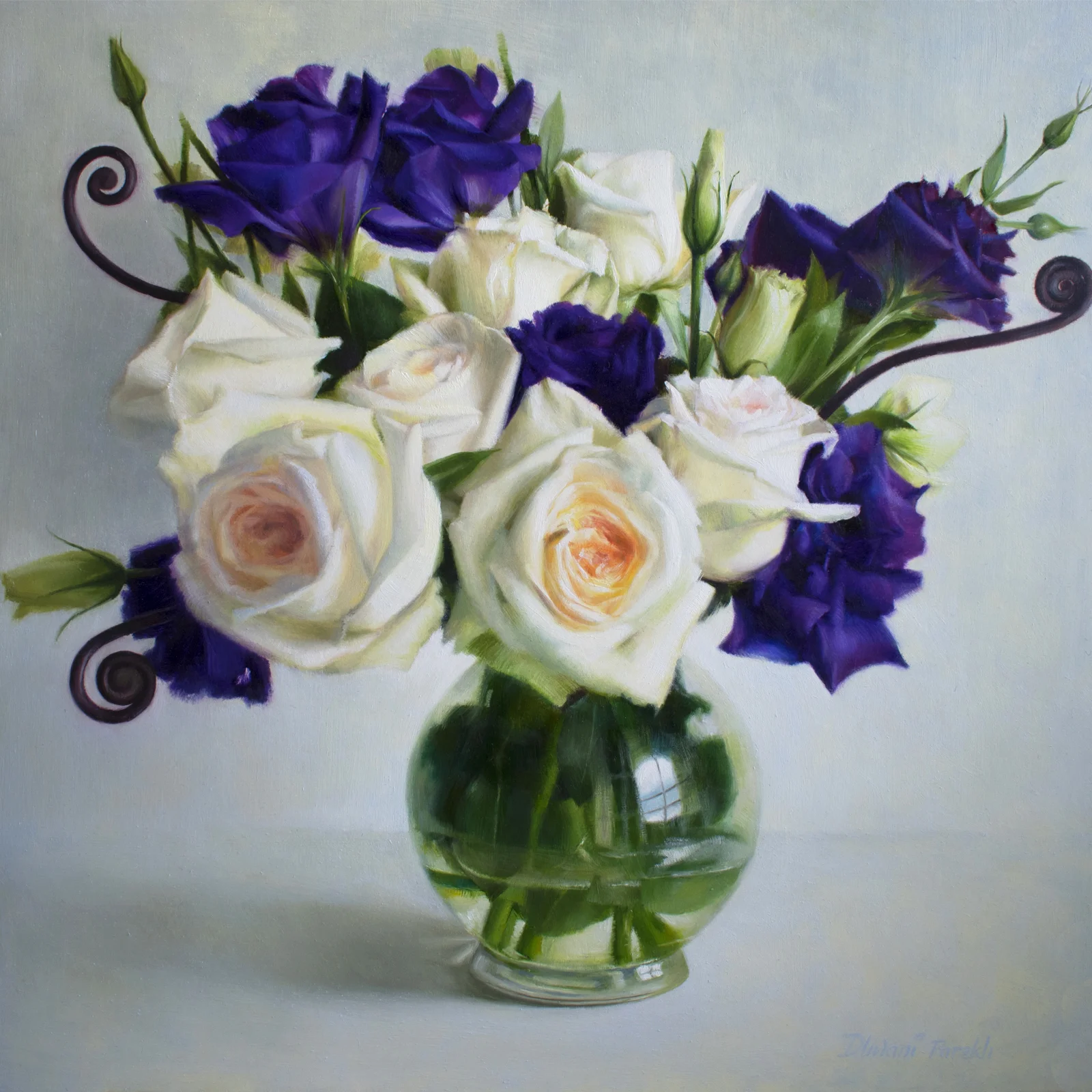 Roses, Lisianthus and Fern Shoots 16 x 16 Oil on Panel