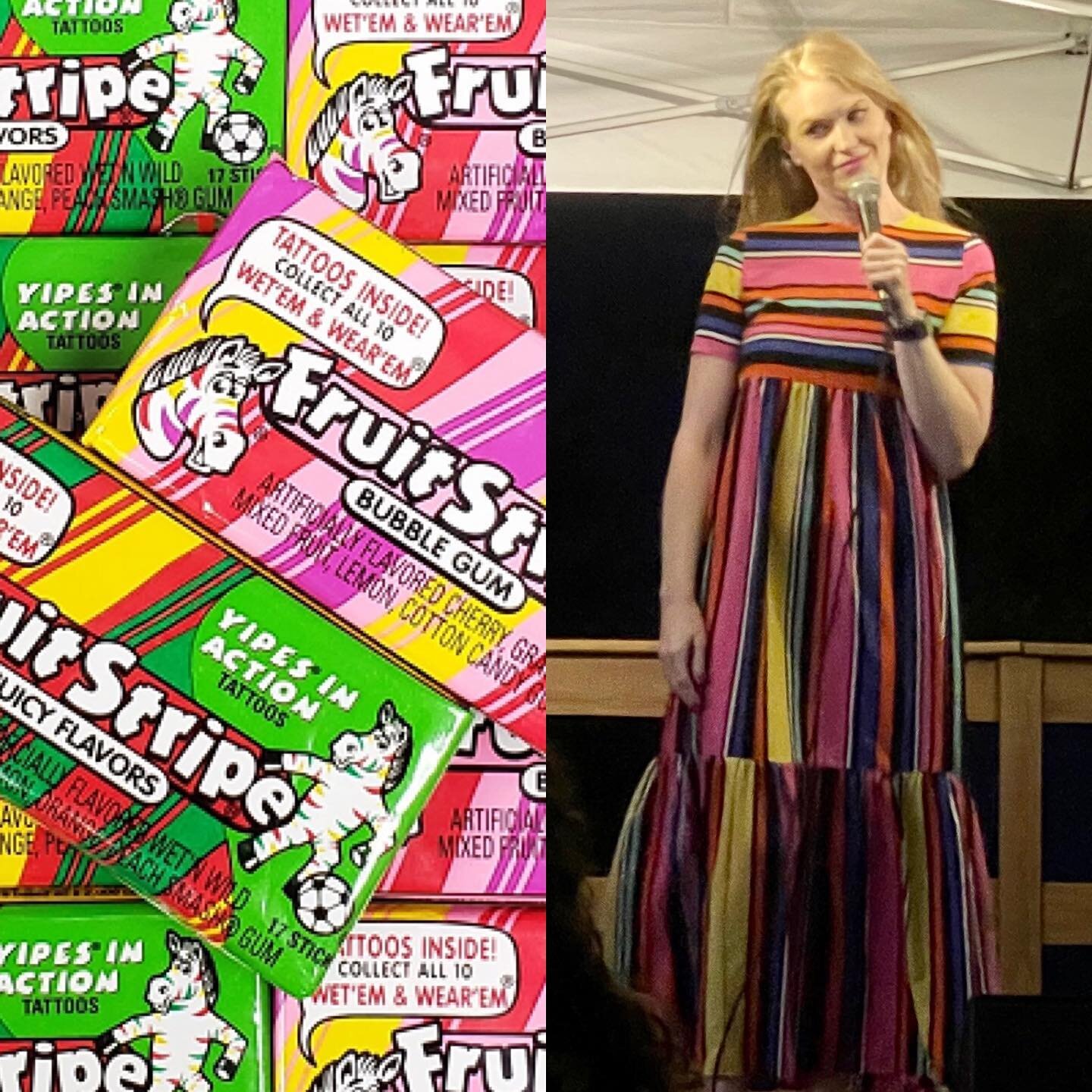 Jessica called it. This dress looks like fruit stripe gum! 🦓❤️💜💛💚And just like fruit stripe gum, I come with a lot of sh*tty tattoos. 😹 #shein #fruitstripegum #iykyk