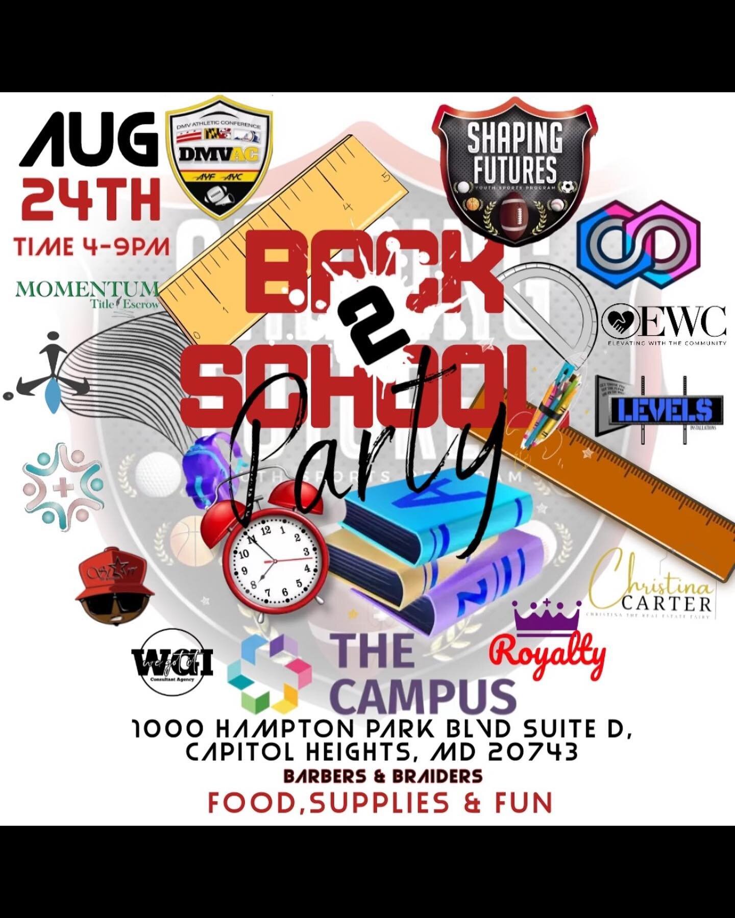 BACK TO SCHOOL DRIVE ALERT

-School Supplies
-Moon Bounce
-Food
-3 on 3 Tournament w/ a Prize
-Free Haircuts
-Braiders
-Health Screenings
&amp; more!!

COME ON OUT TO @_thecampus_ THIS THURSDAY, WE WILL BE HOSTING A BACK TO SCHOOL DRIVE IN COLLABORAT