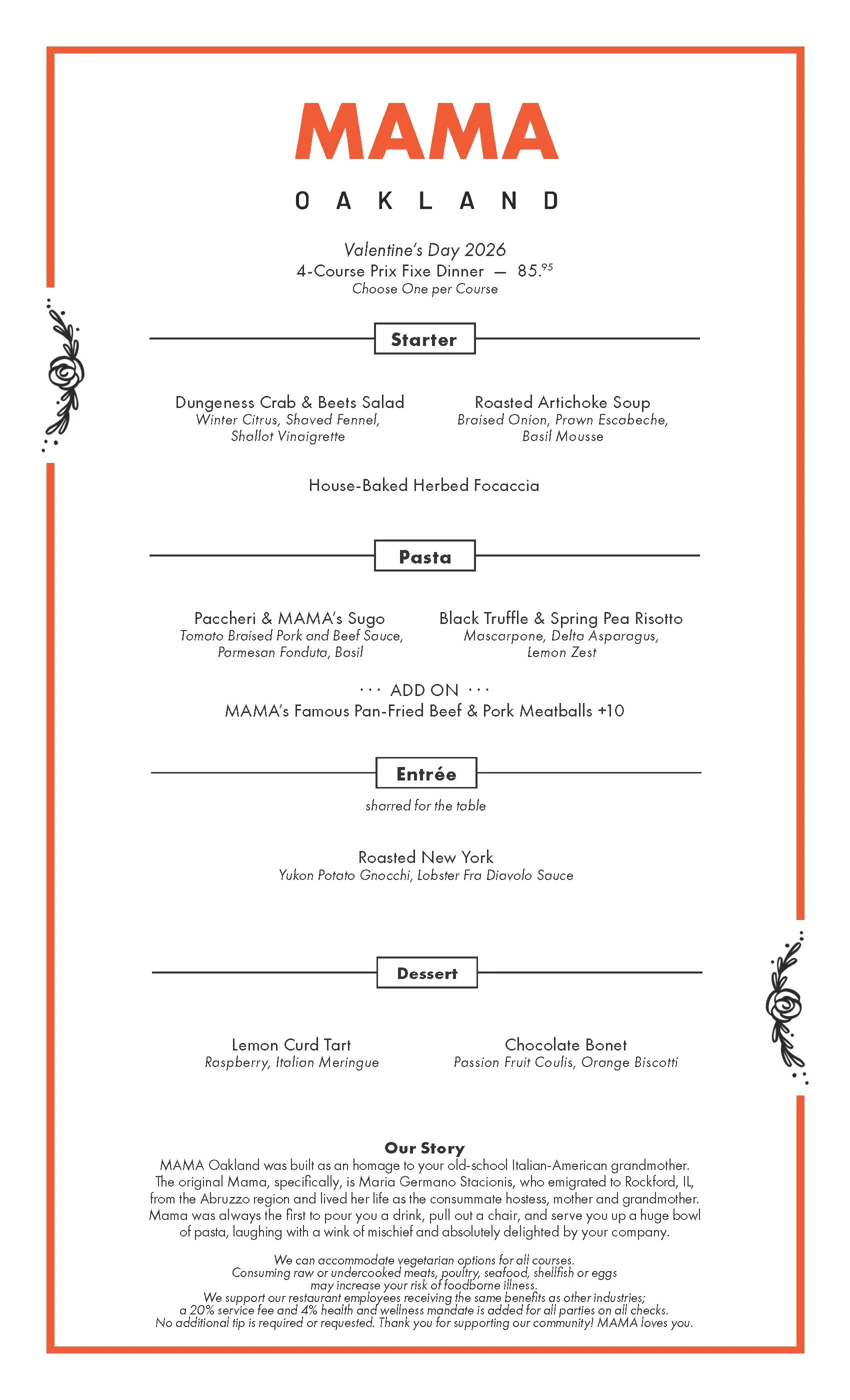 MAMA Oakland Valentine's Menu