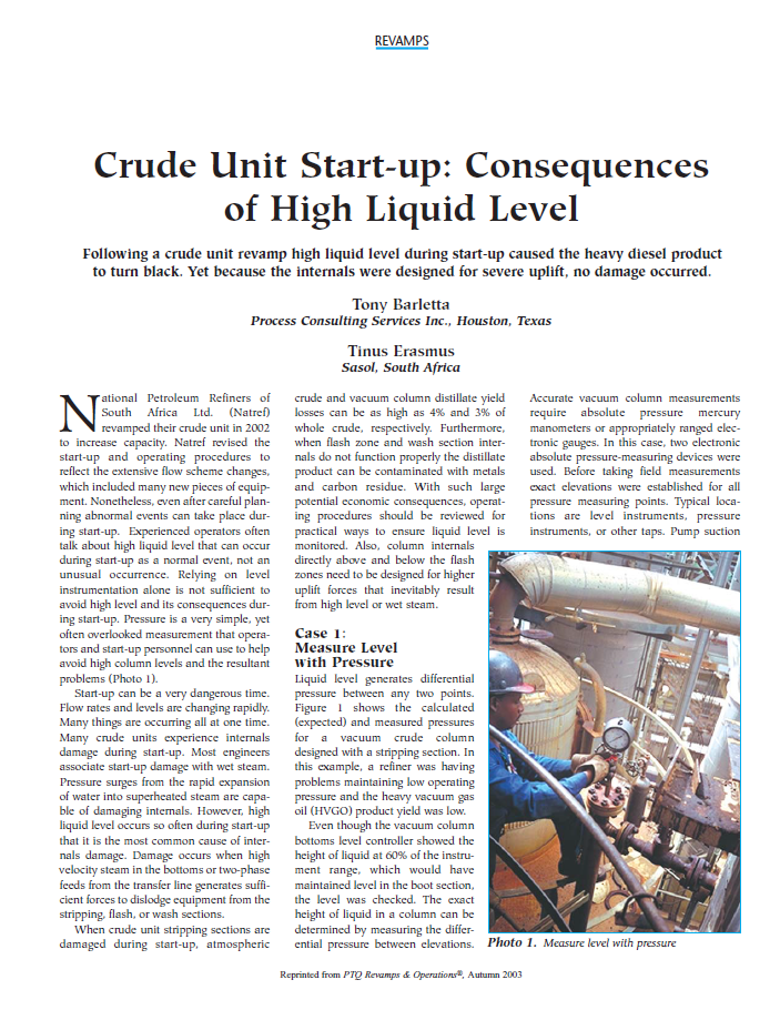 Crude Unit Start-up: Consequences of High Liqiud Level