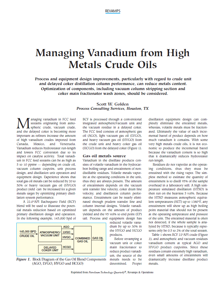 Managing Vanadium from High Metals Crude Oils