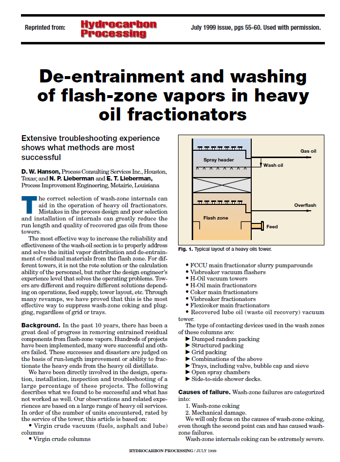 De-entrainment and Washing of Flash-zone Vapors in Heavy Oil Fractionators