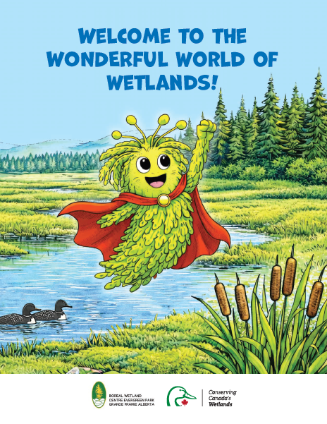 Front cover of the activity guide with cartoon Spahagnum moss