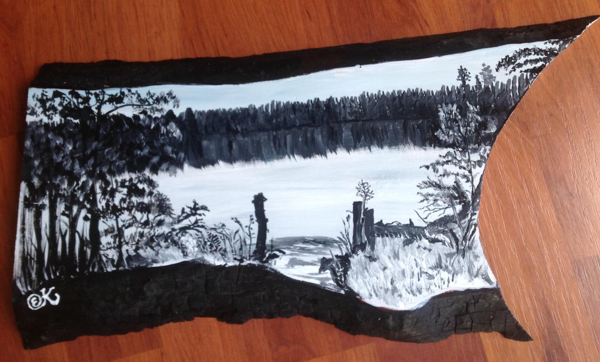 Long Pond in Greensboro...acrylic painting on charred maple wood.jpg