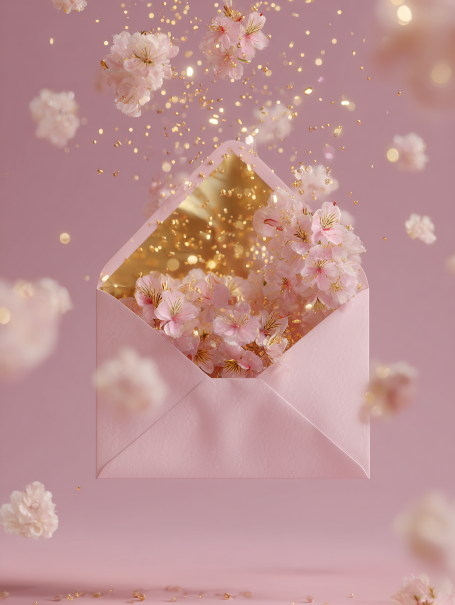 Forever You Membership. Pink envelope full of flowers and golden sparks.