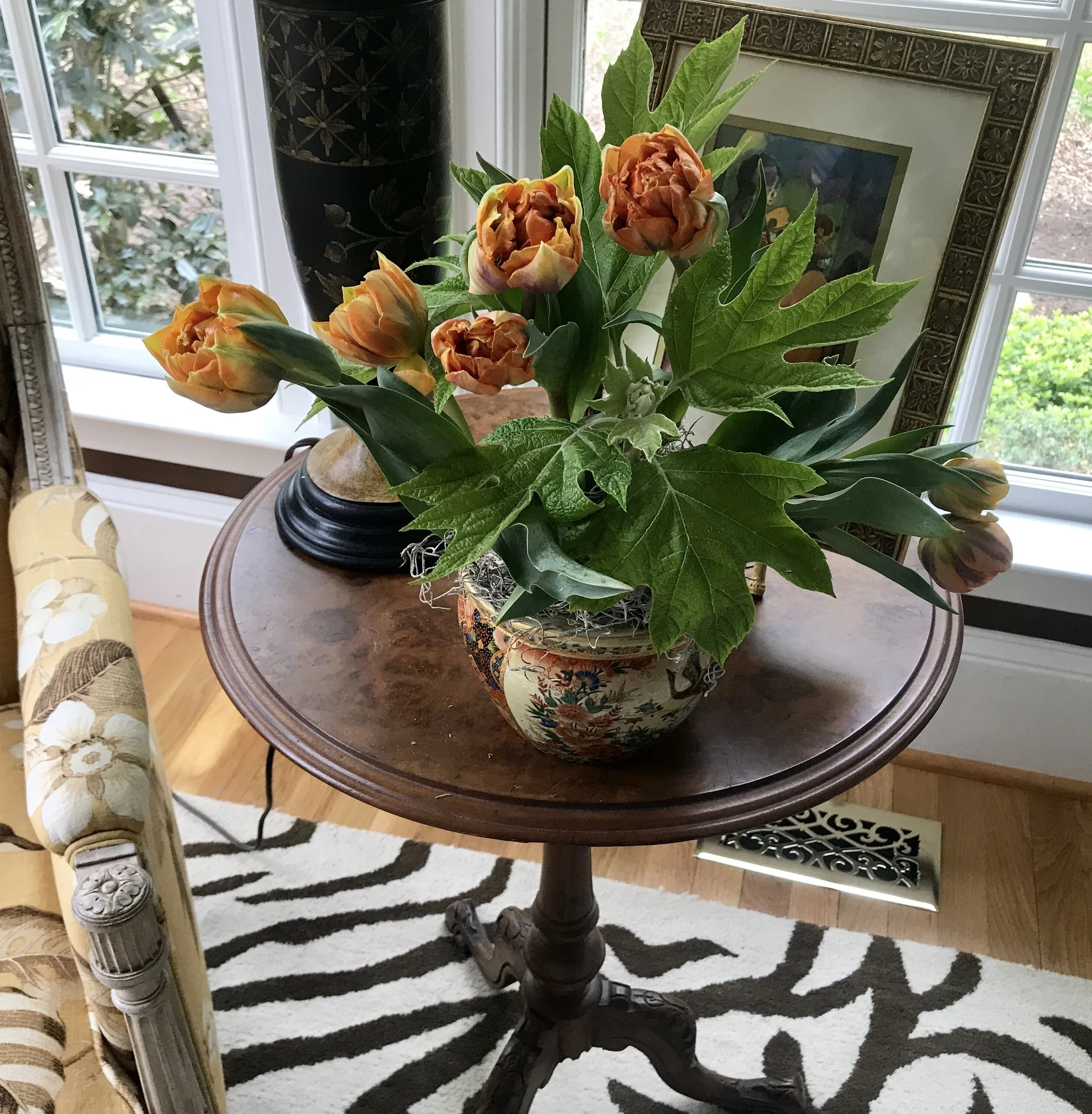 Parrot Tulips with Oak Leaf Hydrangea created by my mother and me. ©betsygibsondesign