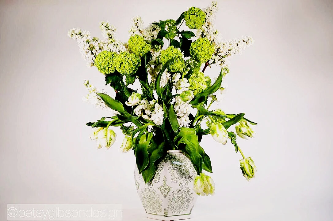 Parrot Tulips, White Lilac and Stock. ©betsygibsondesign2019
