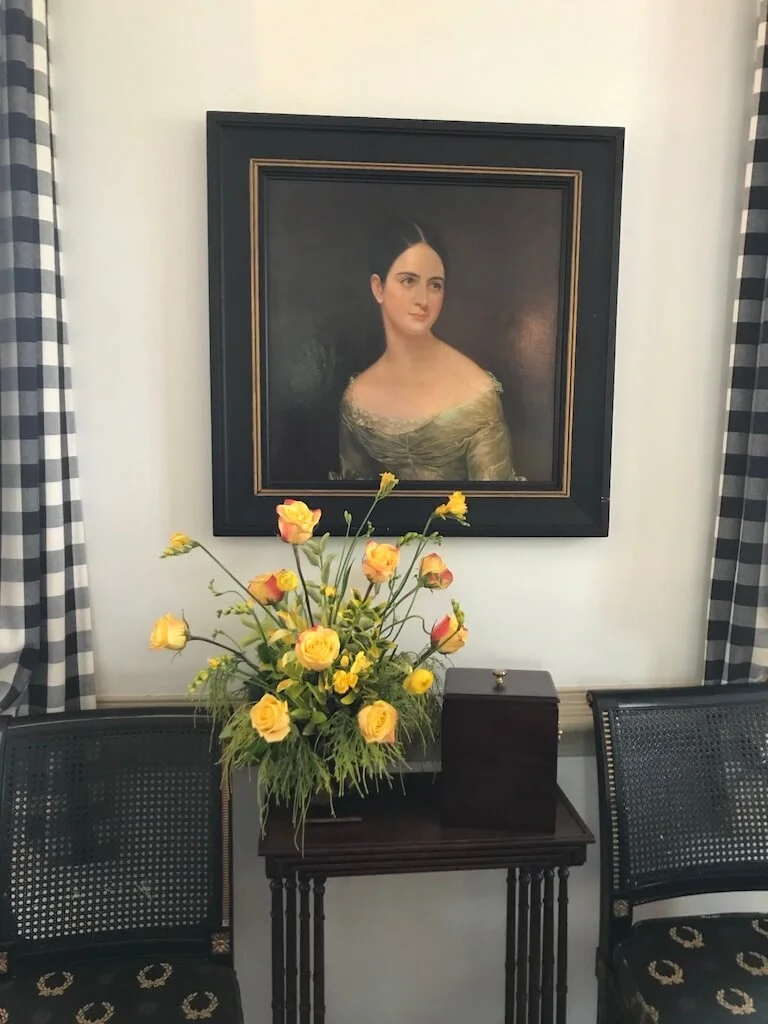 Fabulous Rose, Freesia and Greens arrangement by a Williamsburg Garden Club Member.