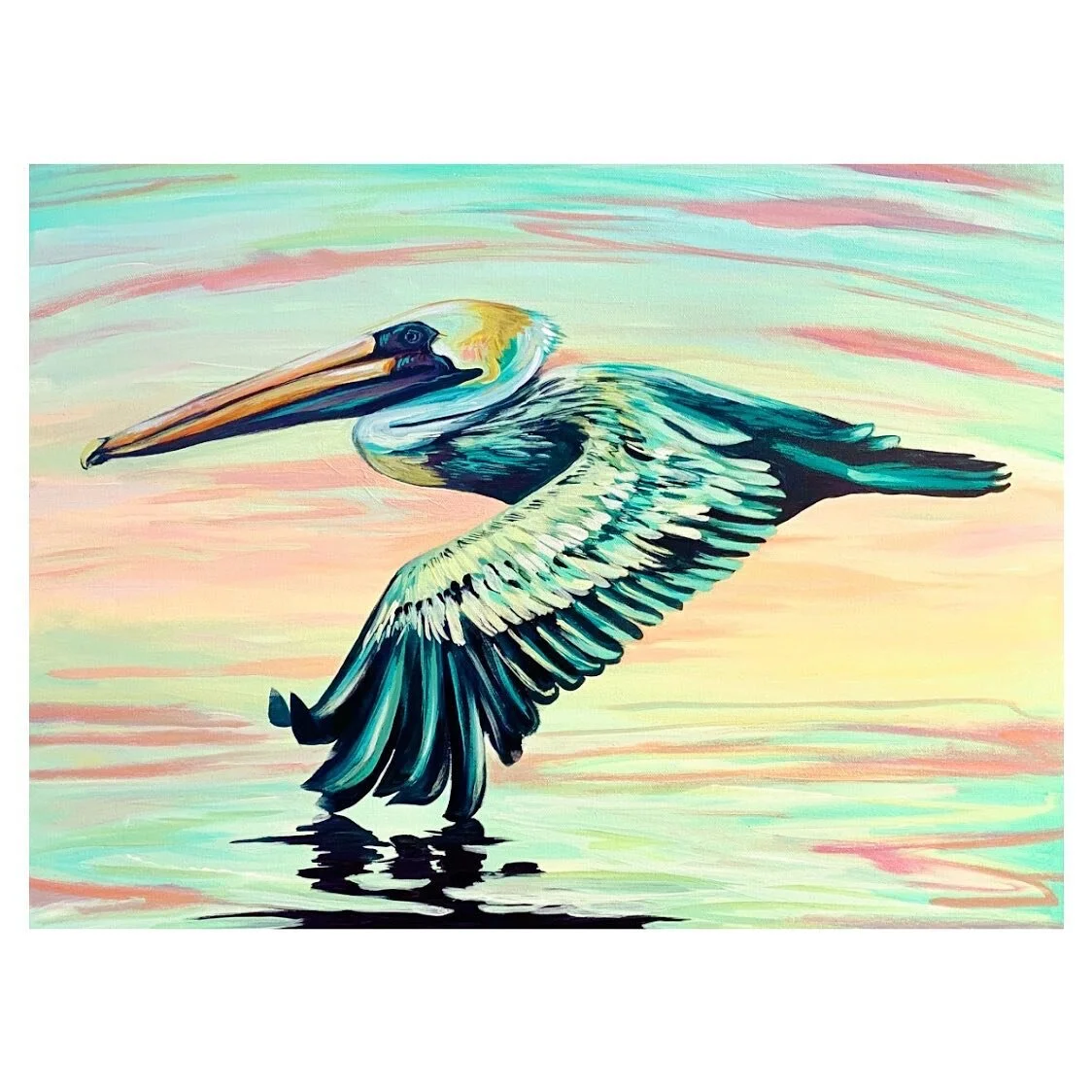 Brown Pelican skimming over cotton candy 💗💛🧡 this is the third time I&rsquo;ve painted this bird in the position. You can scroll through my posts back to&hellip; 2017? And see them. This one is 18x24 in acrylic. I just love #pelicans! They&rsquo;r