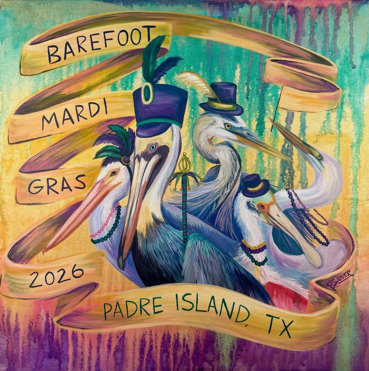 So excited to share the 2026 @barefootmardigras artwork with yall! We revealed it last night at the new Evoke Studio &amp; Gifts  @evokebymelissa amongst many energetic smiling faces! Thank you. Melissa, the Padre Island Business Association, and all