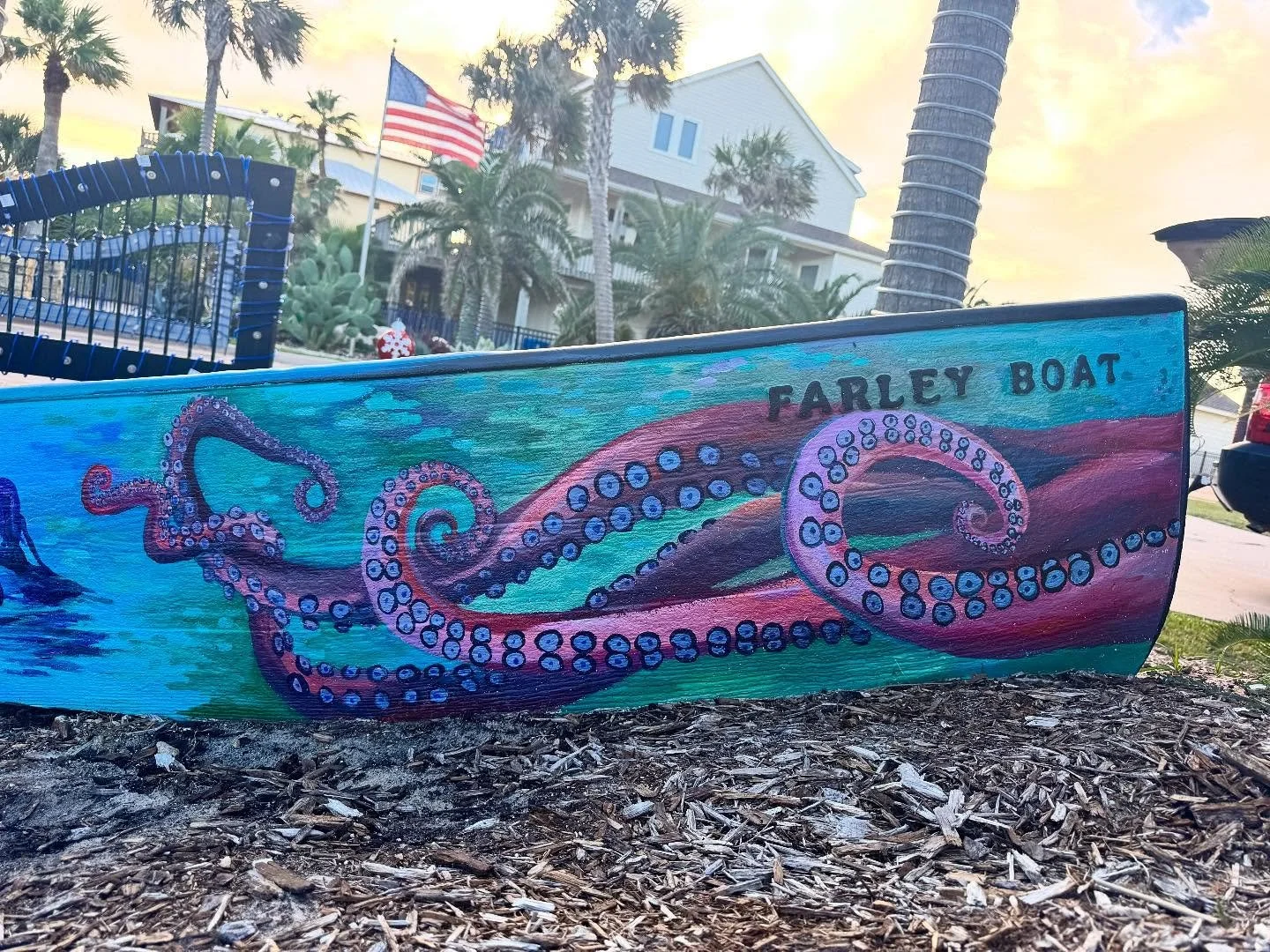Fun #farleyboatpainting under the fall sun in #portaransas! Octopus, mermaid, redfish tail, #lydiaannlighthouse, Bevo, and a sea turtle! The weather was perfect for this project! 🏝️☀️ 
.
This is the last #farleyboat I&rsquo;ll be painting this year!