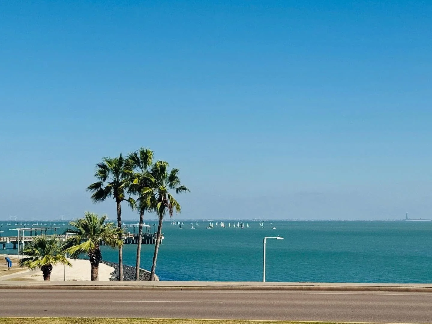 A quick drive by shot of the #corpuschristibay! So picturesque and pretty! 🩵 
.
#kglover #corpuschristi #texascoast #sailing #palmtrees #coastal #gonecoastaltexas