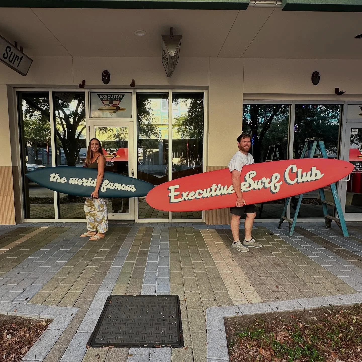 So super stoked to be working on the new facade of the world-famous @executivesurfclub with @lowell_lomax!! Months in the making &amp; more to come, but check out the new tile &amp; hand painted surfboard signs by yours truly today when you&rsquo;re 