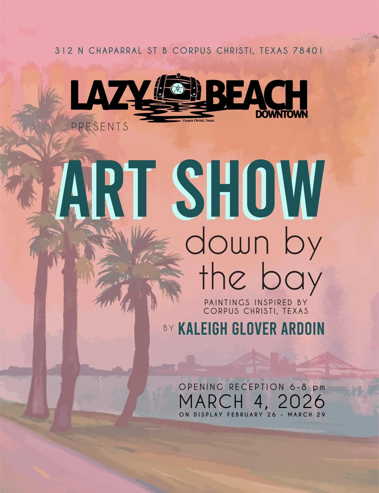 Super stoked to be showing at @lazybeachdowntowncc suuuuper soon! Come see &amp; shop my paintings inspired by #corpuschristi in the taproom in @downtowncorpuschristi_ on March 4th from 6-8 pm. 🫶
.
#kglover #lazybeachbrewing downtowncorpuschristi co