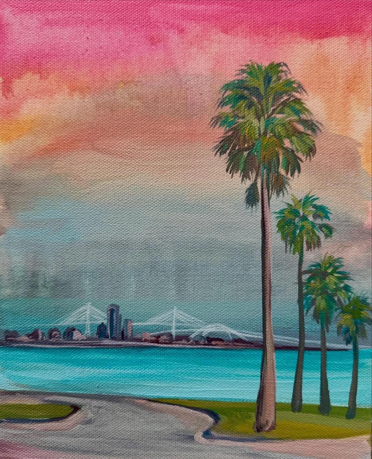 &ldquo;A Moment In Time, Two Harbor Bridges&rdquo;, 11x14&rdquo; acrylic on canvas. See it &amp; snag it at @lazybeachdowntowncc during my upcoming #ArtShow Down by the Bay featuring paintings inspired by #corpuschristi. See you at the opening on Mar