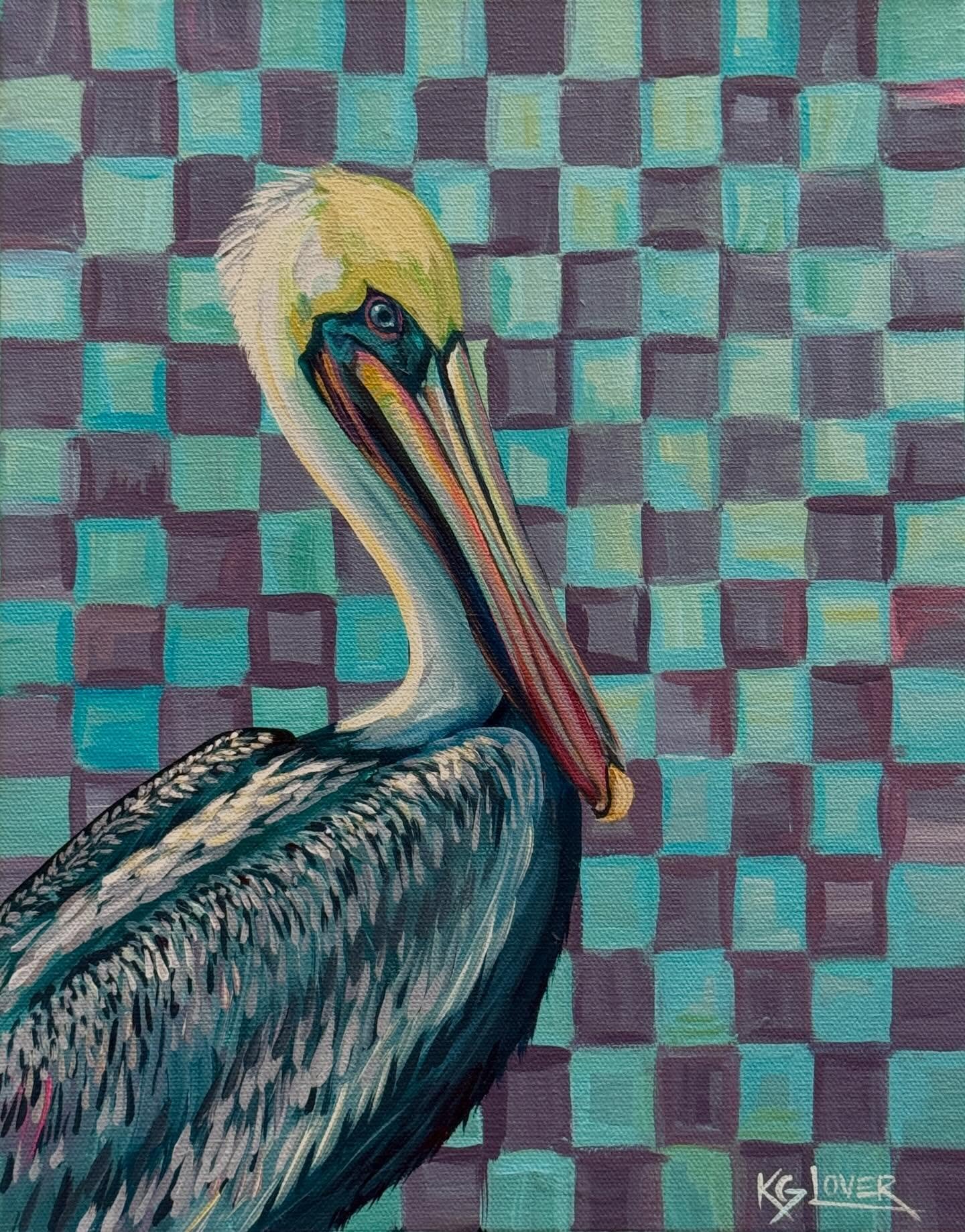 &ldquo;Wild Blue&rdquo;, 11x14&rdquo;, acrylic on canvas. Brown pelicans are the coolest! Check him out at @lazybeachdowntowncc! I&rsquo;ve taken over the taproom with 36 pieces of art inspired by #corpuschristi for the month. Shop til ya drop! 🩵
.
