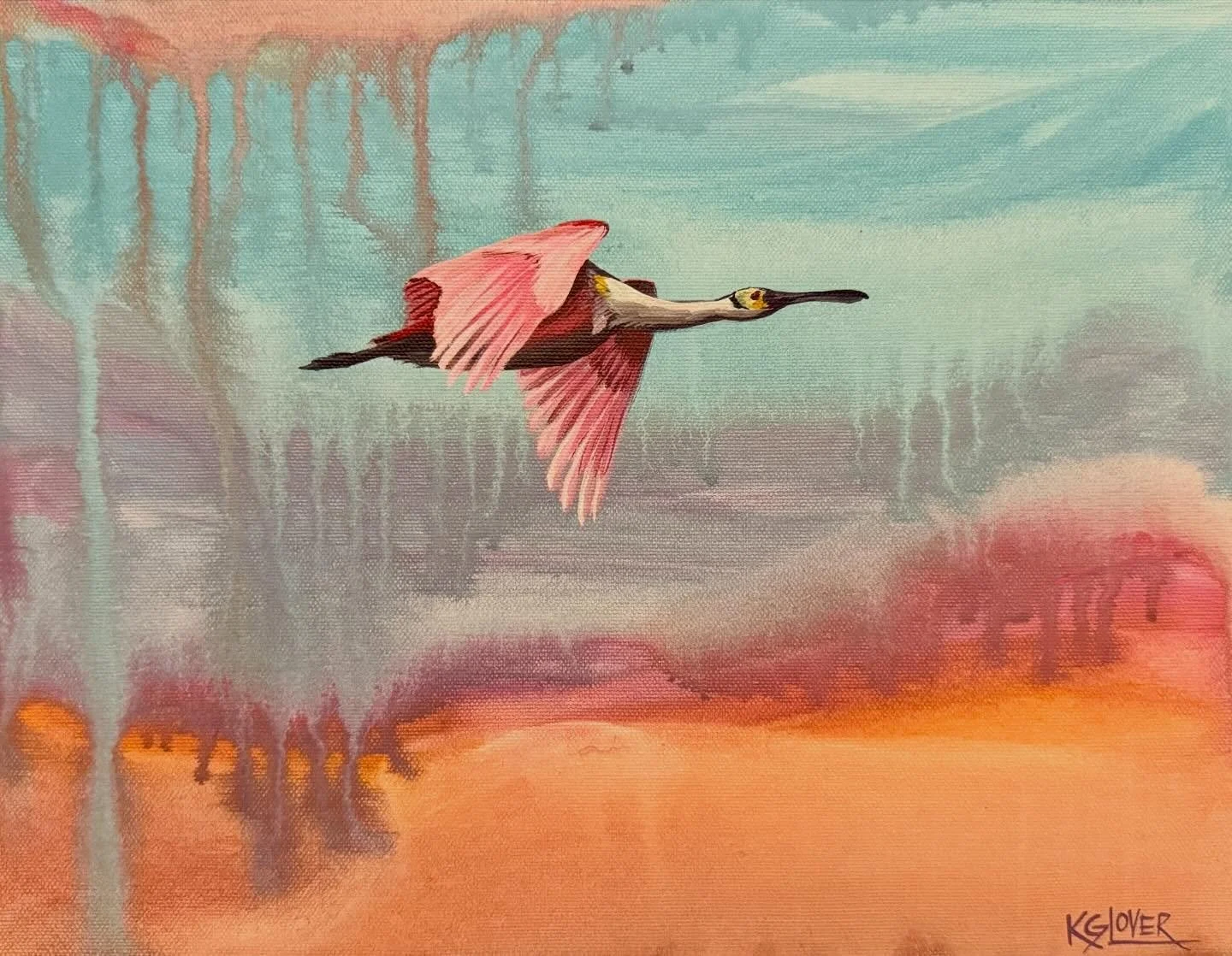 &ldquo;Don&rsquo;t Blink&rdquo;, 11x14&rdquo;, acrylic on canvas. 🌸
.
The #roseatespoonbill fly-bys have been a more common occurrence in my life lately. They&rsquo;re so exciting to see, bright pink in the sky, heading to their next snack spot. Wha