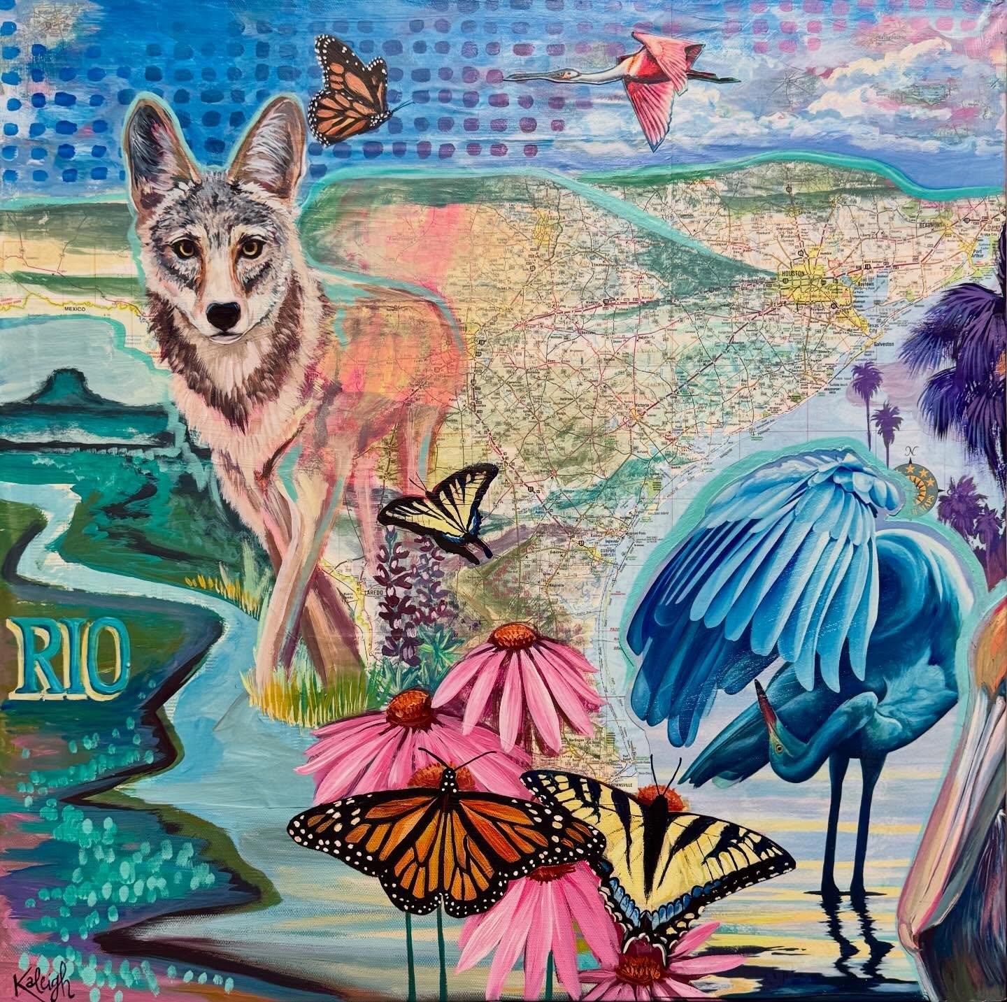 &ldquo;Rio to the Coast&rdquo;, 24x24&rdquo;, acrylic, map, prints from past paintings on canvas. 🦋
.
On display today in the @delmarvikings White Library, Room 218, in #corpuschristi for the #earthday and #poetrymonth celebration put on by my Spani