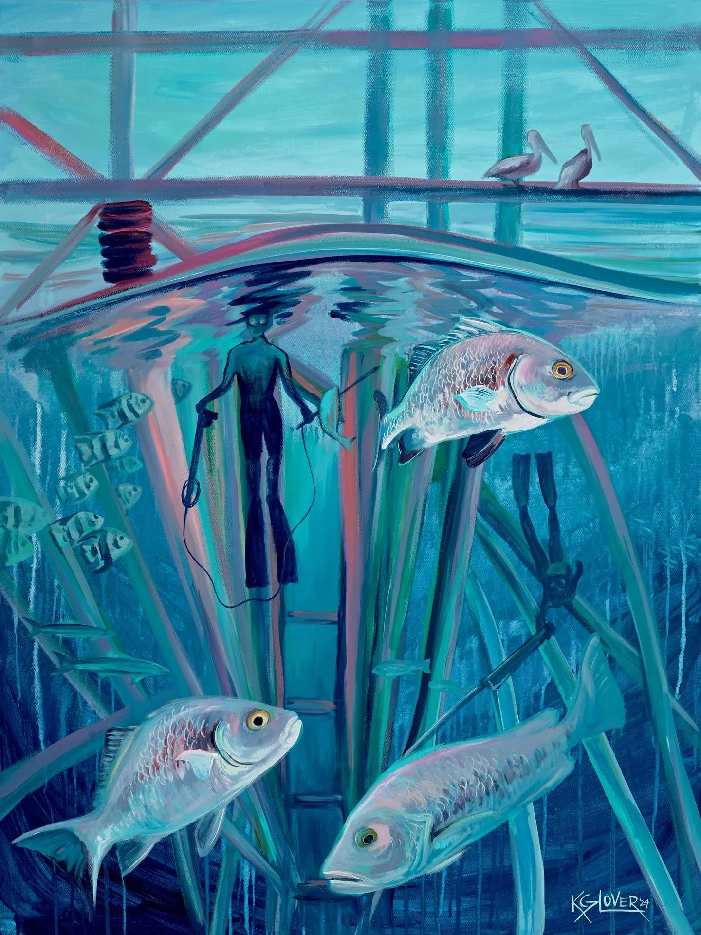 &ldquo;Under the Rig&rdquo;, 30x40&rdquo;, acrylic on canvas, available at @coffeewavesporta in #portaransas. 🐟🐟🐟
.
Let me tell ya a little story about the inspiration behind this painting! My insane husband @kyleabunga loves to #spearfish &amp; i
