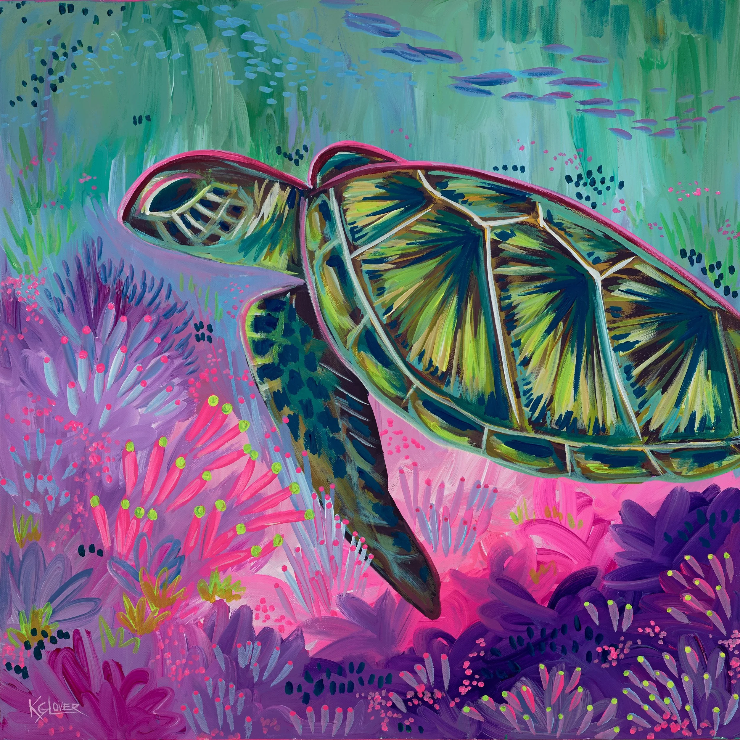 "Turtle Reef", 24x24", Acrylic, 2025.